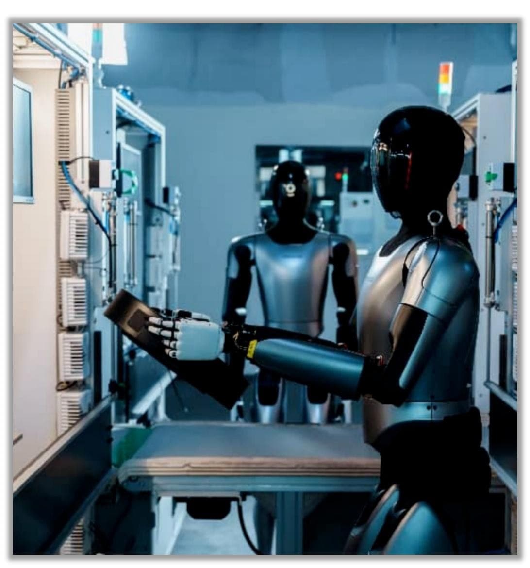 Humanoid robots in a research and manufacturing environment.